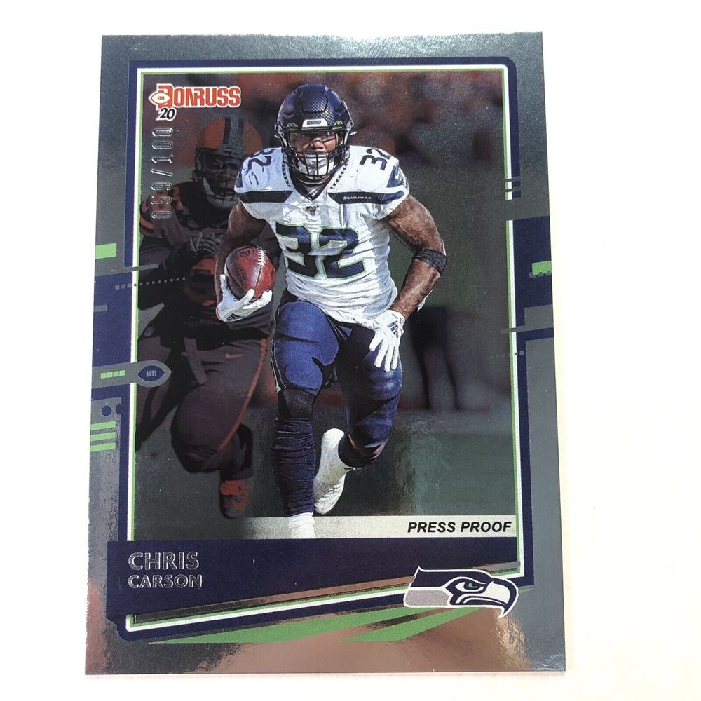 Chris Carson 2020 Donruss Press Proof Card, 59/100, Seattle Seahawks, #32, 223